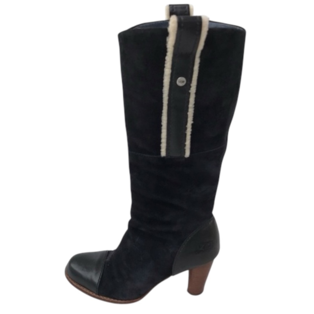 UGG Australia Tess Black Suede Tall Boots Sheepskin Leather Heel